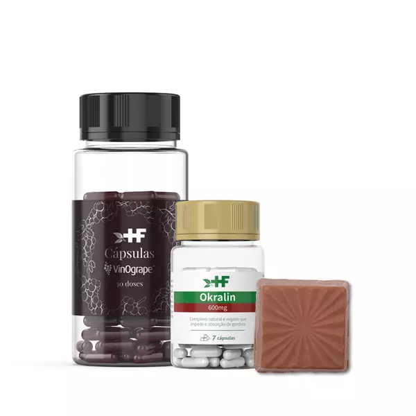Kit emagrecimento - 30 doses cápsulas de Vinogrape, 30 chocolates Morosil e 7 cápsulas Okralin Kit emagrecimento - 30 doses cápsulas de Vinogrape, 30 chocolates Morosil e 7 cápsulas Okralin
